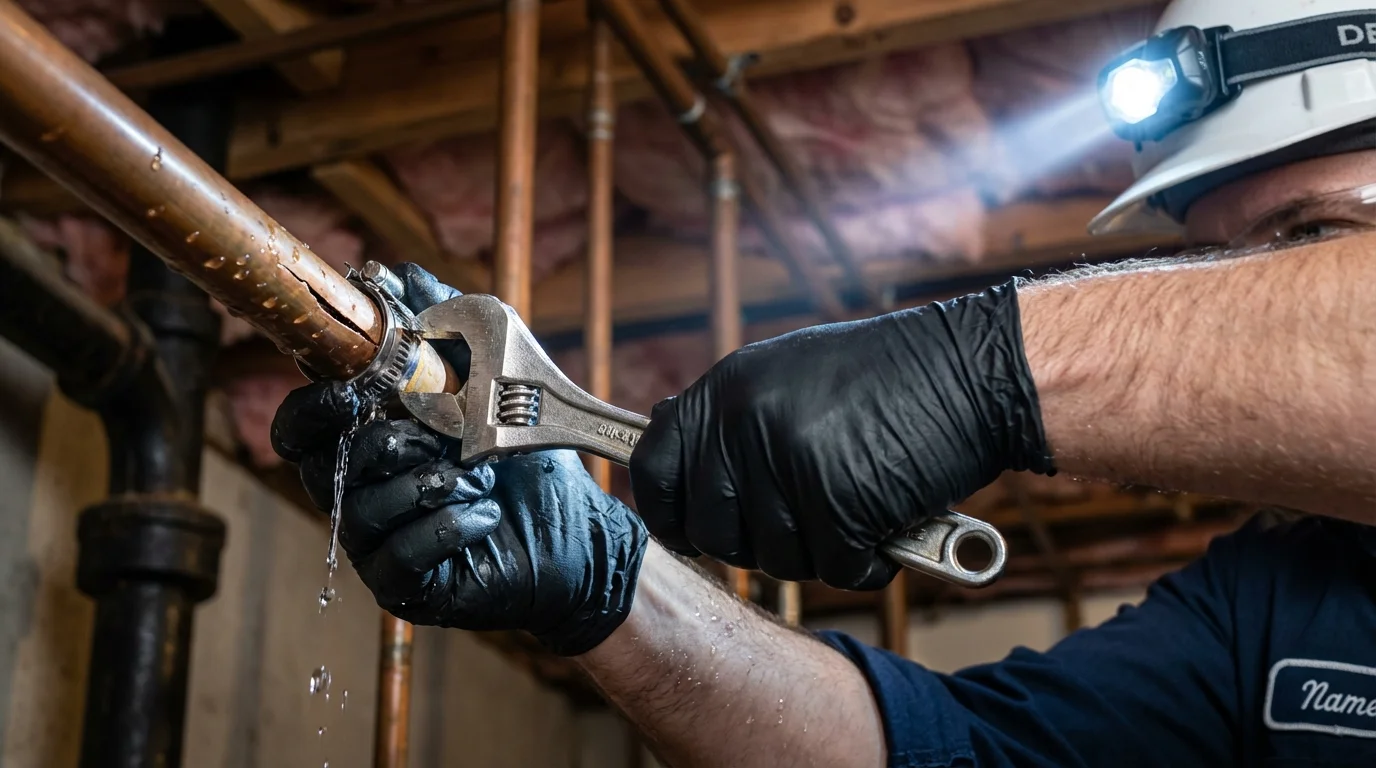 Emergency pipe clamp repair being performed by a Johns Plumbing LLC plumber in Mount Angel