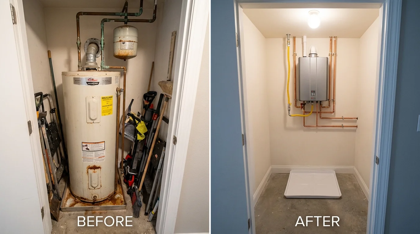 Tank water heater versus wall-mounted tankless unit comparison for Mount Angel, OR homeowners